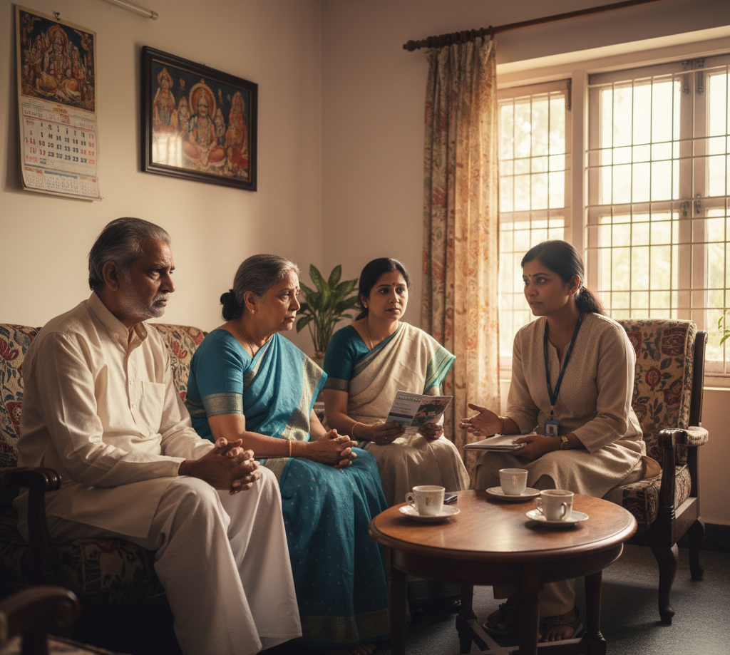 Family meeting with caregiver to decide elderly care options.