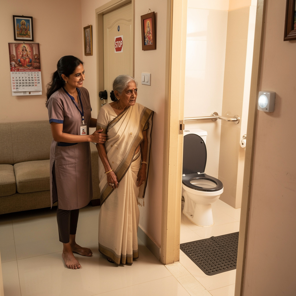 Caregiver helping elderly woman in a dementia-safe bathroom at home.