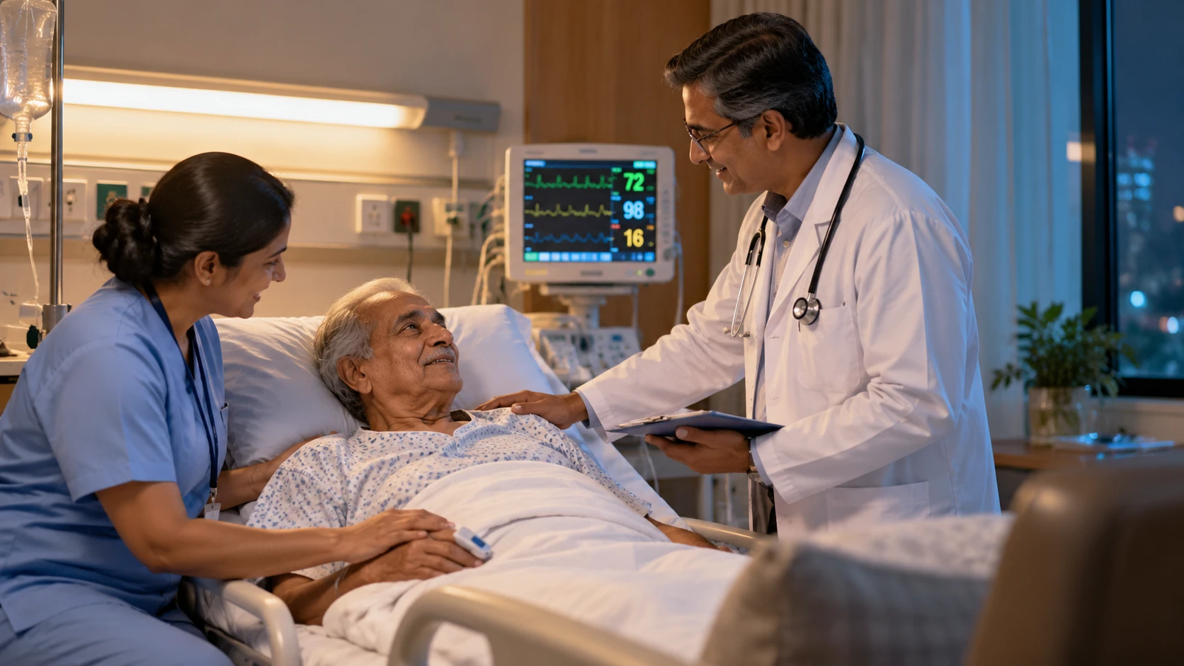 Pranyaas caregiver and doctor with an elderly man in a hospital bed during a cardiac emergency