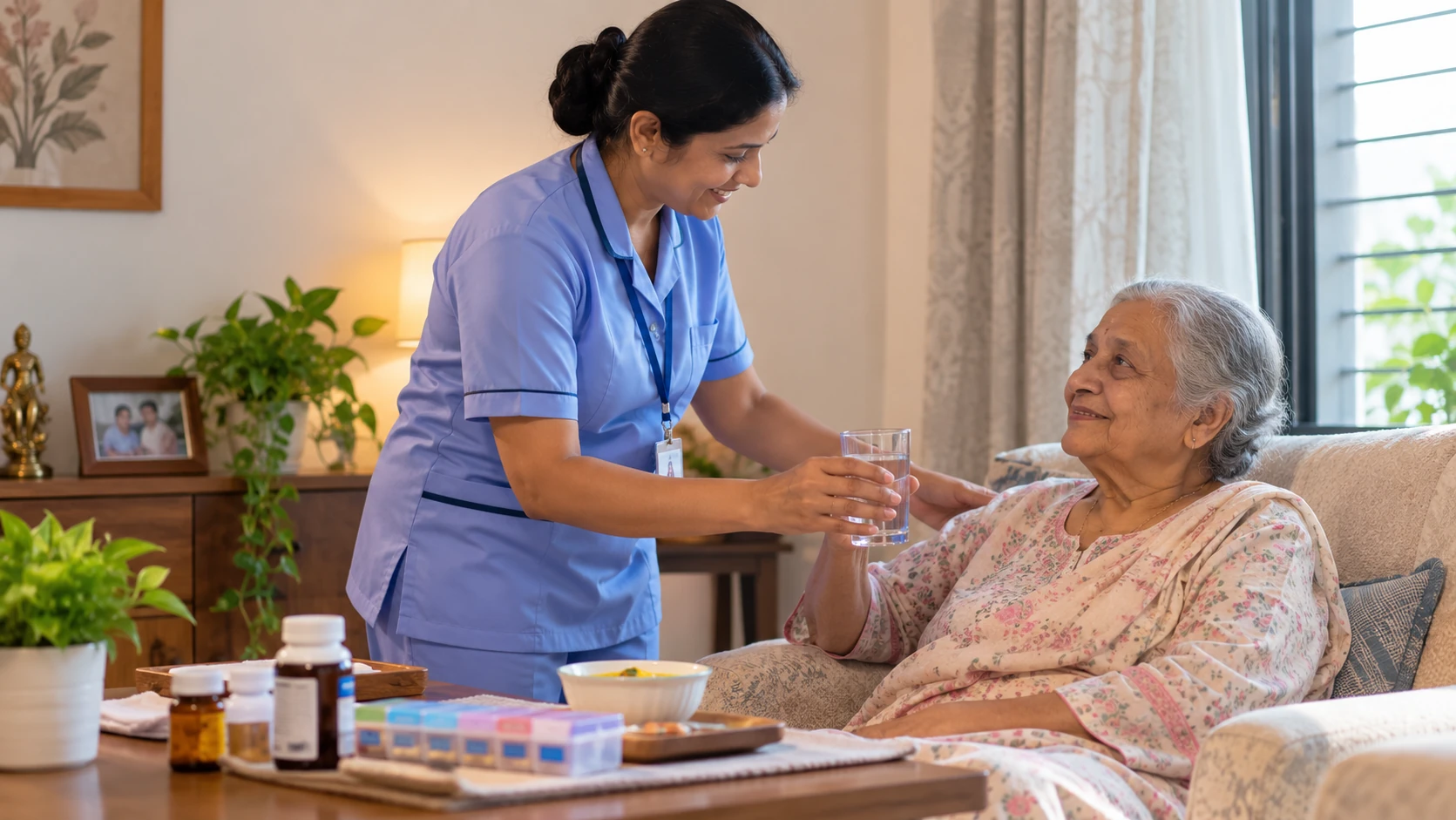 Pranyaas Care Manager handing water to an elderly woman at home with her medicines on the table