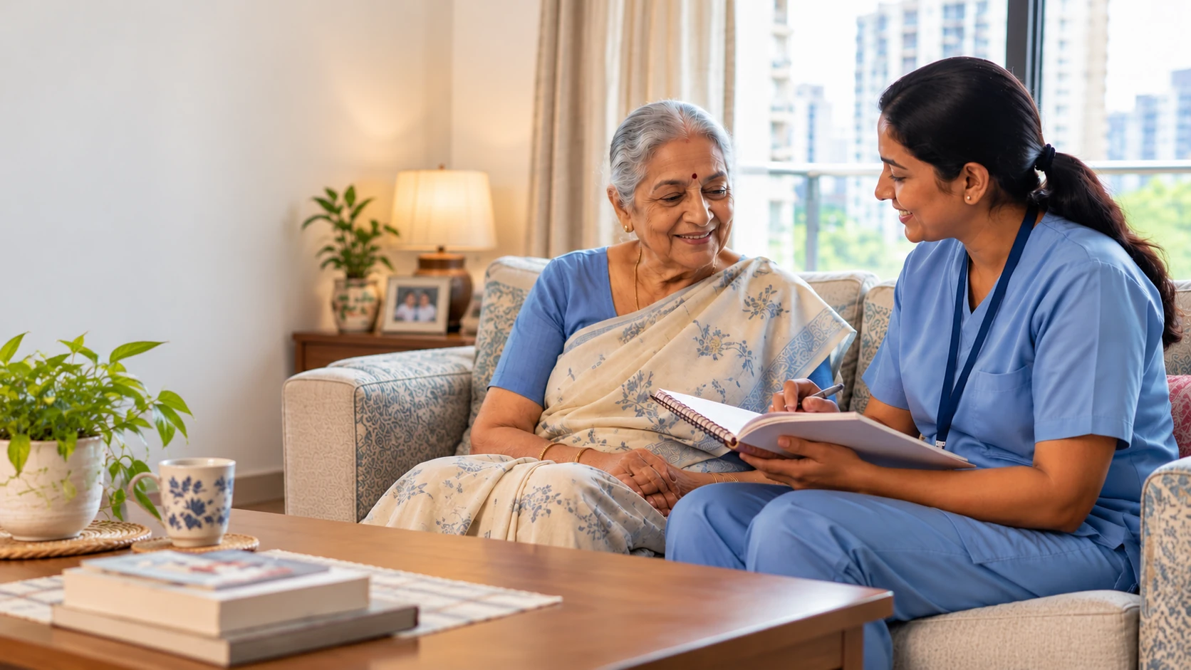 Pranyaas Care Manager taking notes with an elderly woman at her home in Thane